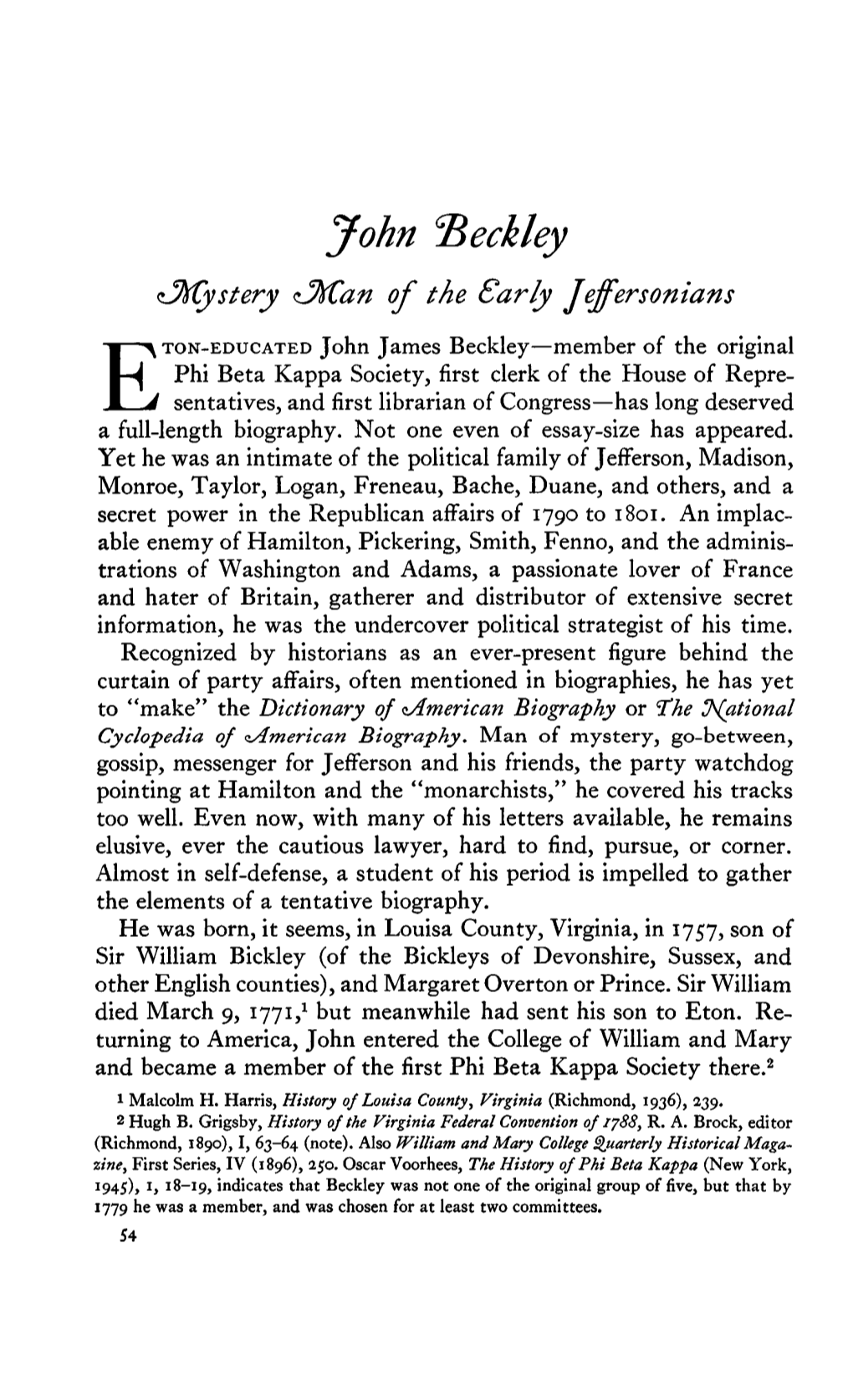 ETON-EDUCATED John James Beckley—Member of the Original