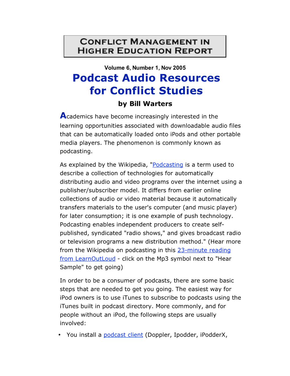 Podcast Audio Resources for Conflict Studies by Bill Warters