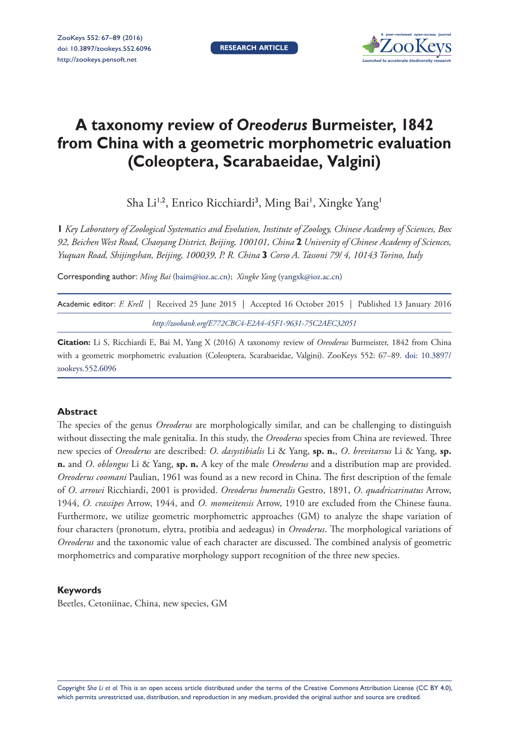 ﻿A Taxonomy Review of Oreoderus Burmeister, 1842 from China with a Geometric Morphometric Evaluation (Coleoptera, Scarabaeidae