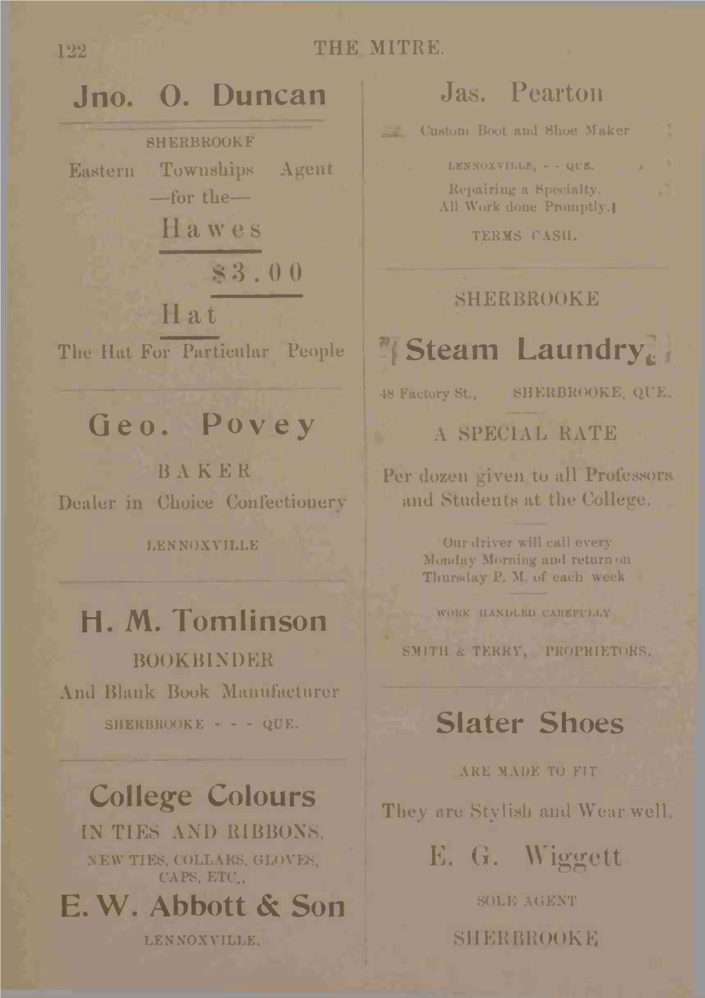 Duncan Geo. Povey H. M. Tomlinson College Colours E. W. Abbott & Son
