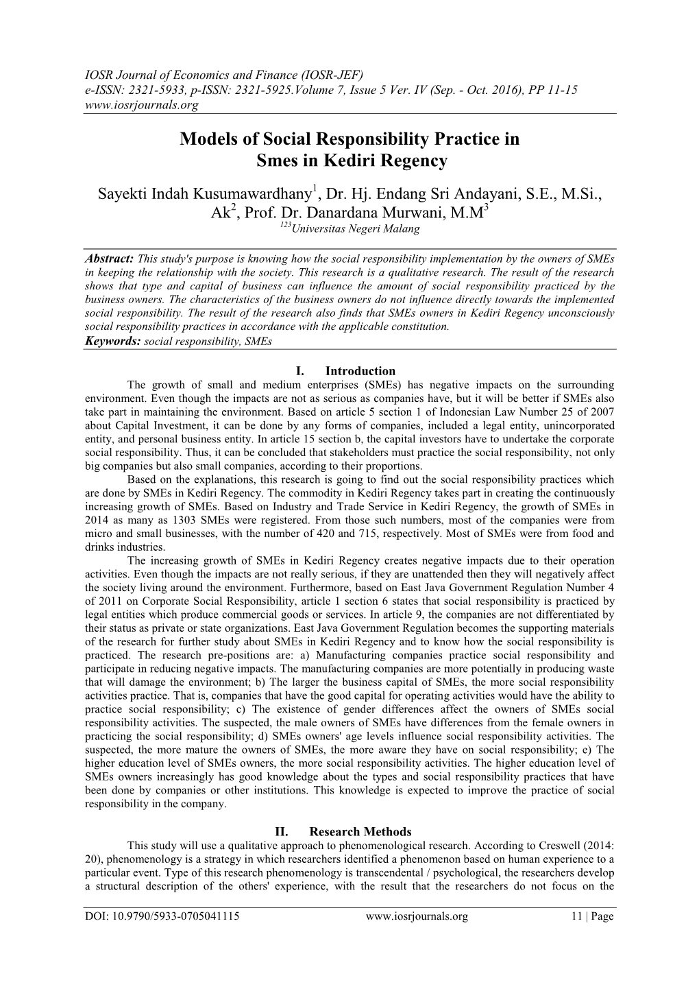 Models of Social Responsibility Practice in Smes in Kediri Regency