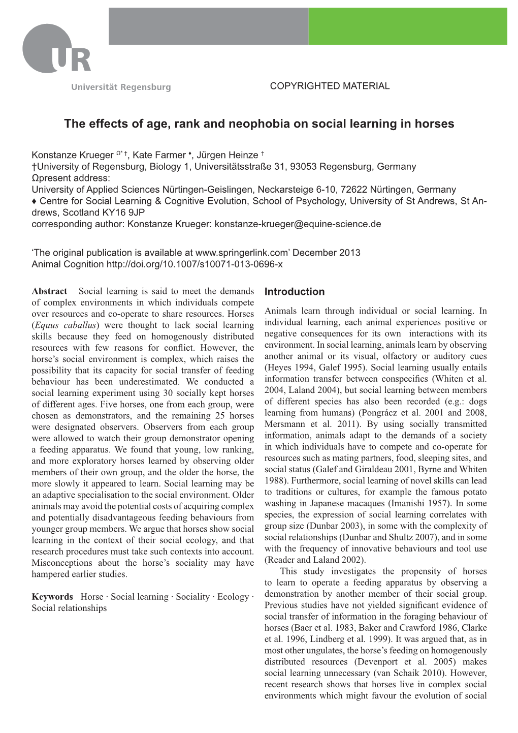 The Effects of Age, Rank and Neophobia on Social Learning in Horses
