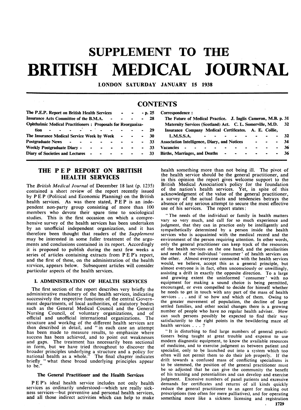 Supplement to Te British Medical Journal London Saturday January 15 1938