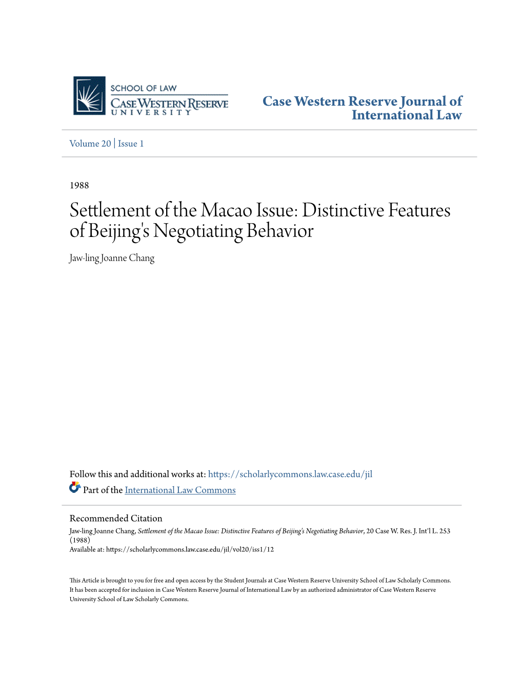 Distinctive Features of Beijing's Negotiating Behavior Jaw-Ling Joanne Chang