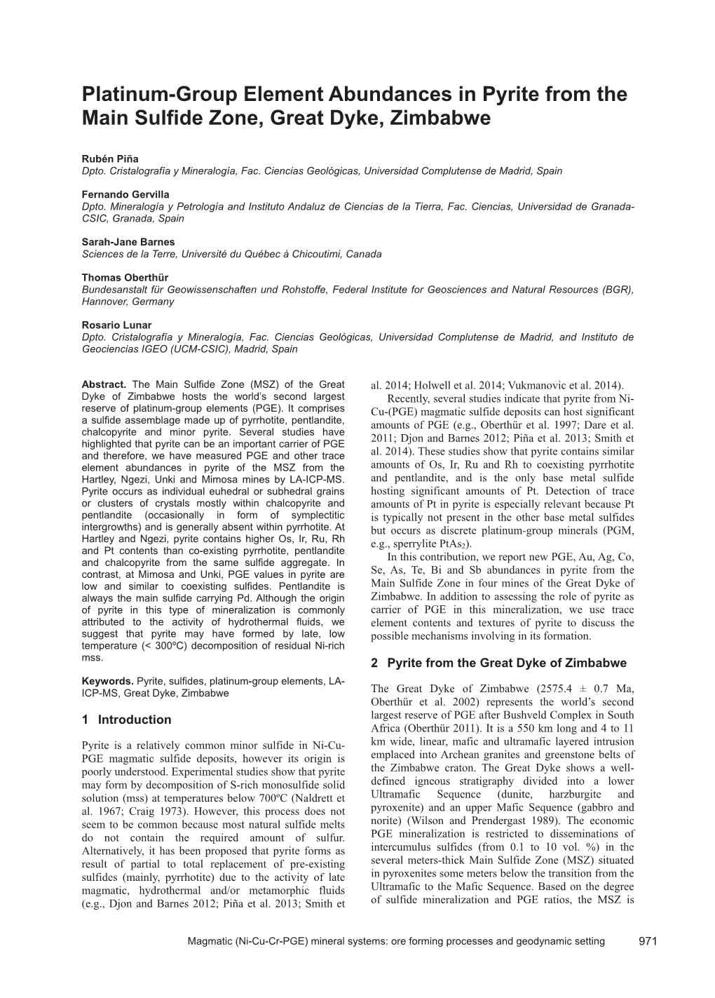 Platinum-Group Element Abundances in Pyrite from the Main Sulfide Zone, Great Dyke, Zimbabwe