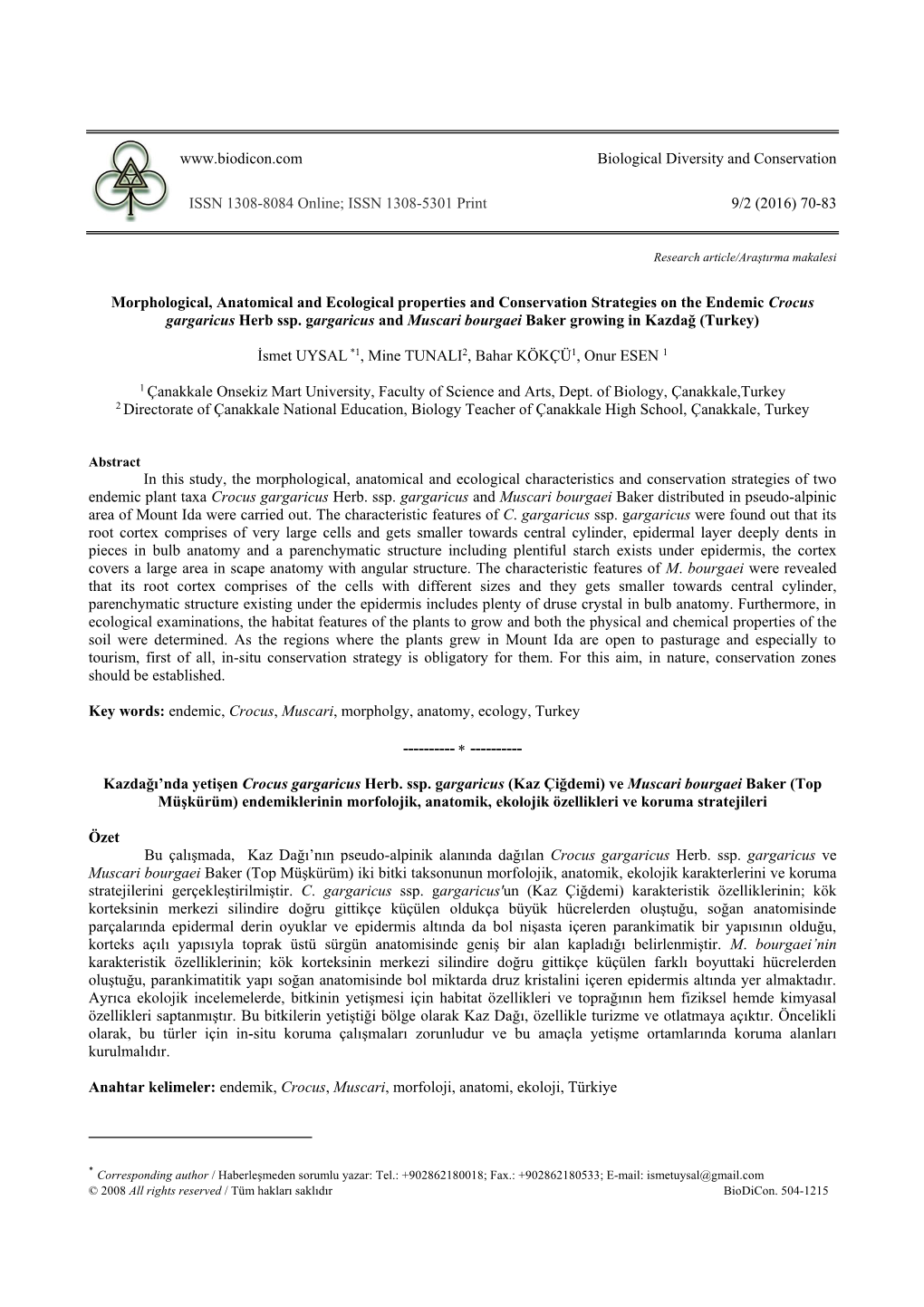 Morphological, Anatomical and Ecological Properties and Conservation Strategies on the Endemic Crocus Gargaricus Herb Ssp