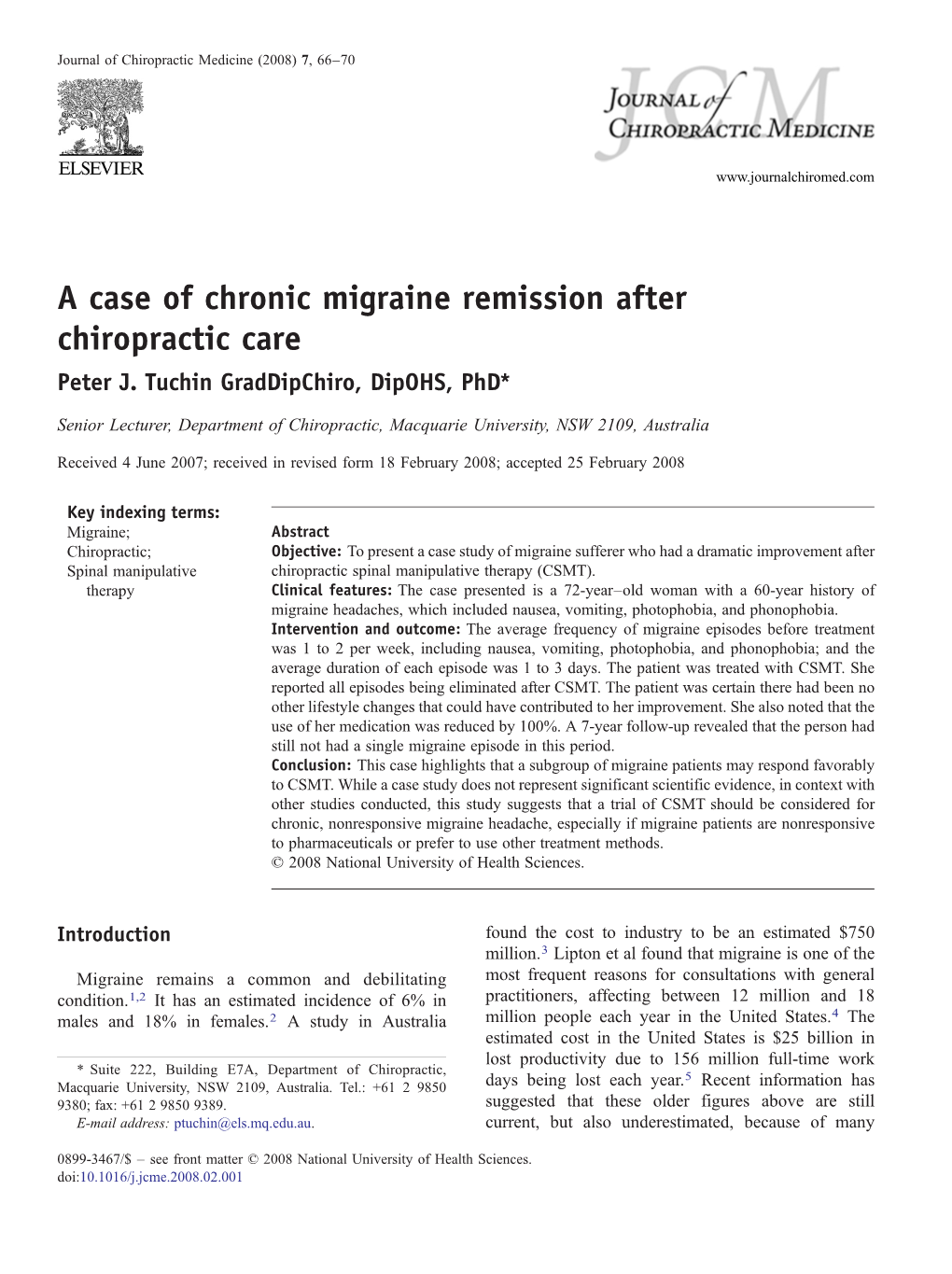A Case of Chronic Migraine Remission After Chiropractic Care Peter J