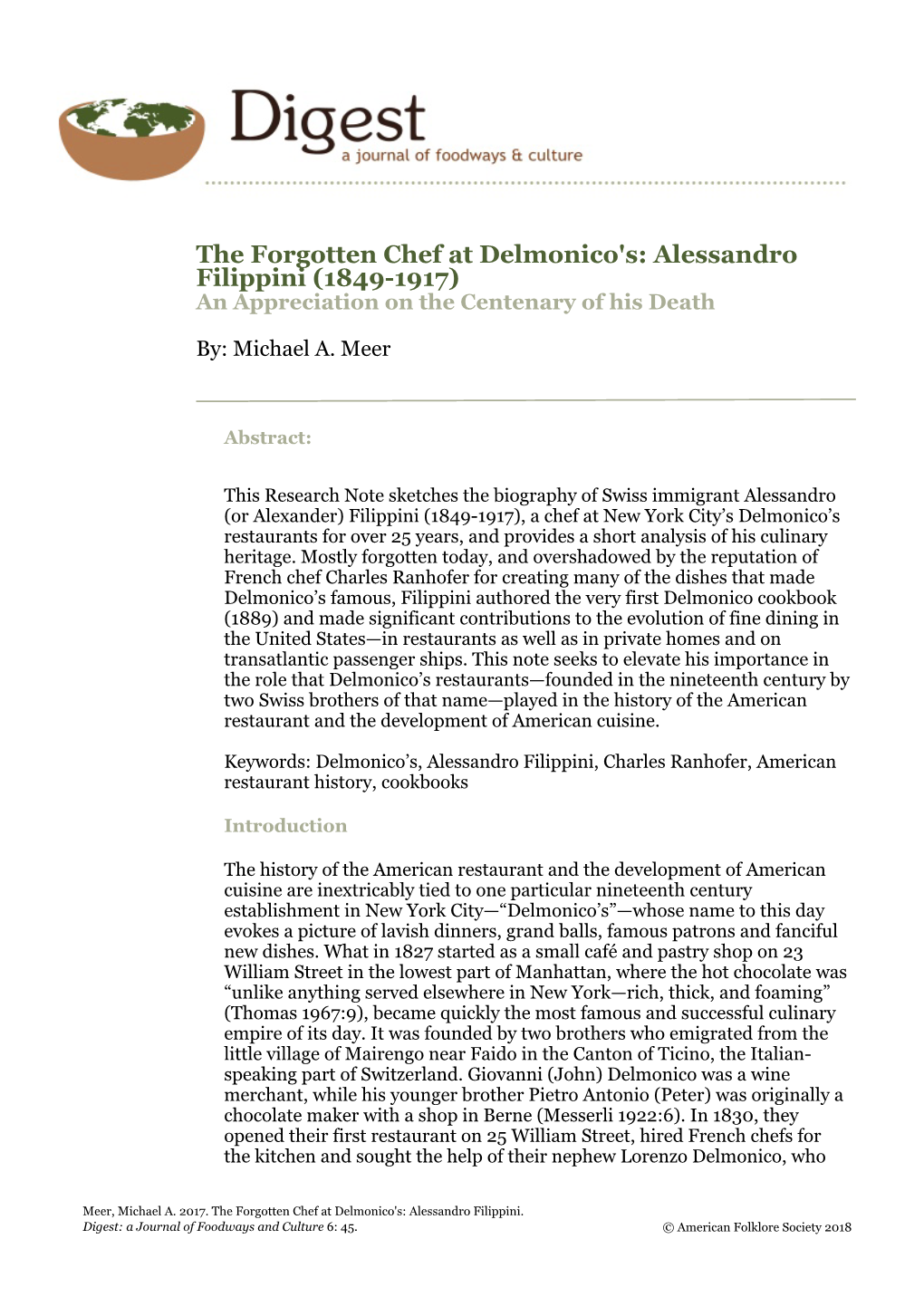 The Forgotten Chef at Delmonico's: Alessandro Filippini (1849­1917) an Appreciation on the Centenary of His Death