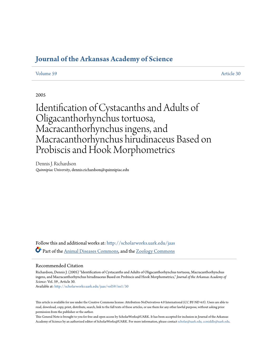 Identification of Cystacanths and Adults of Oligacanthorhynchus