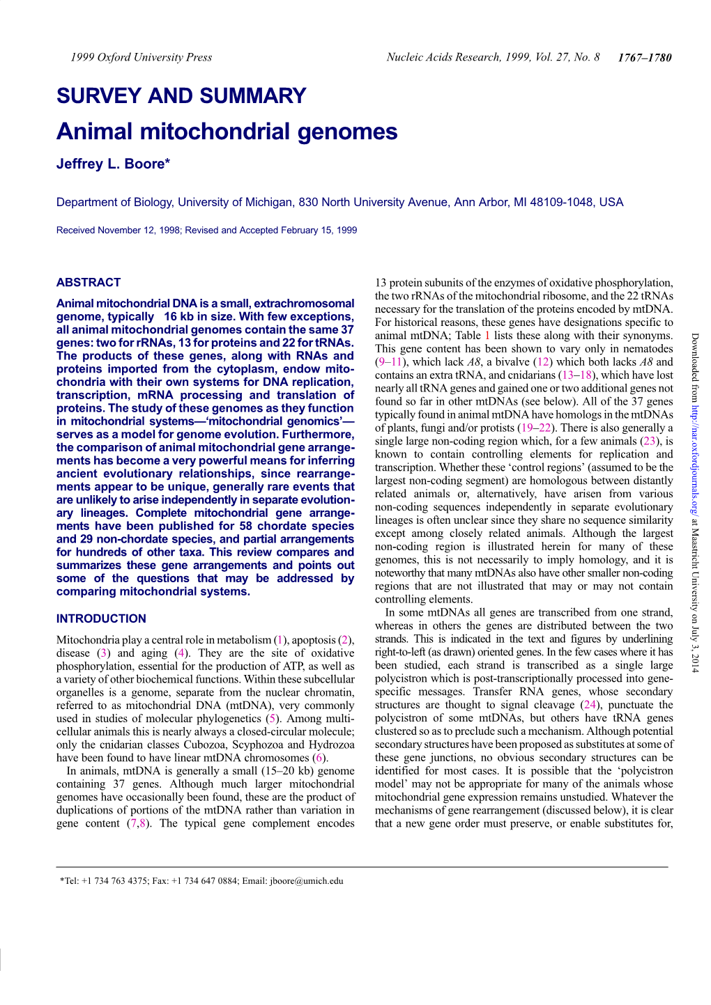 Animal Mitochondrial Genomes Jeffrey L