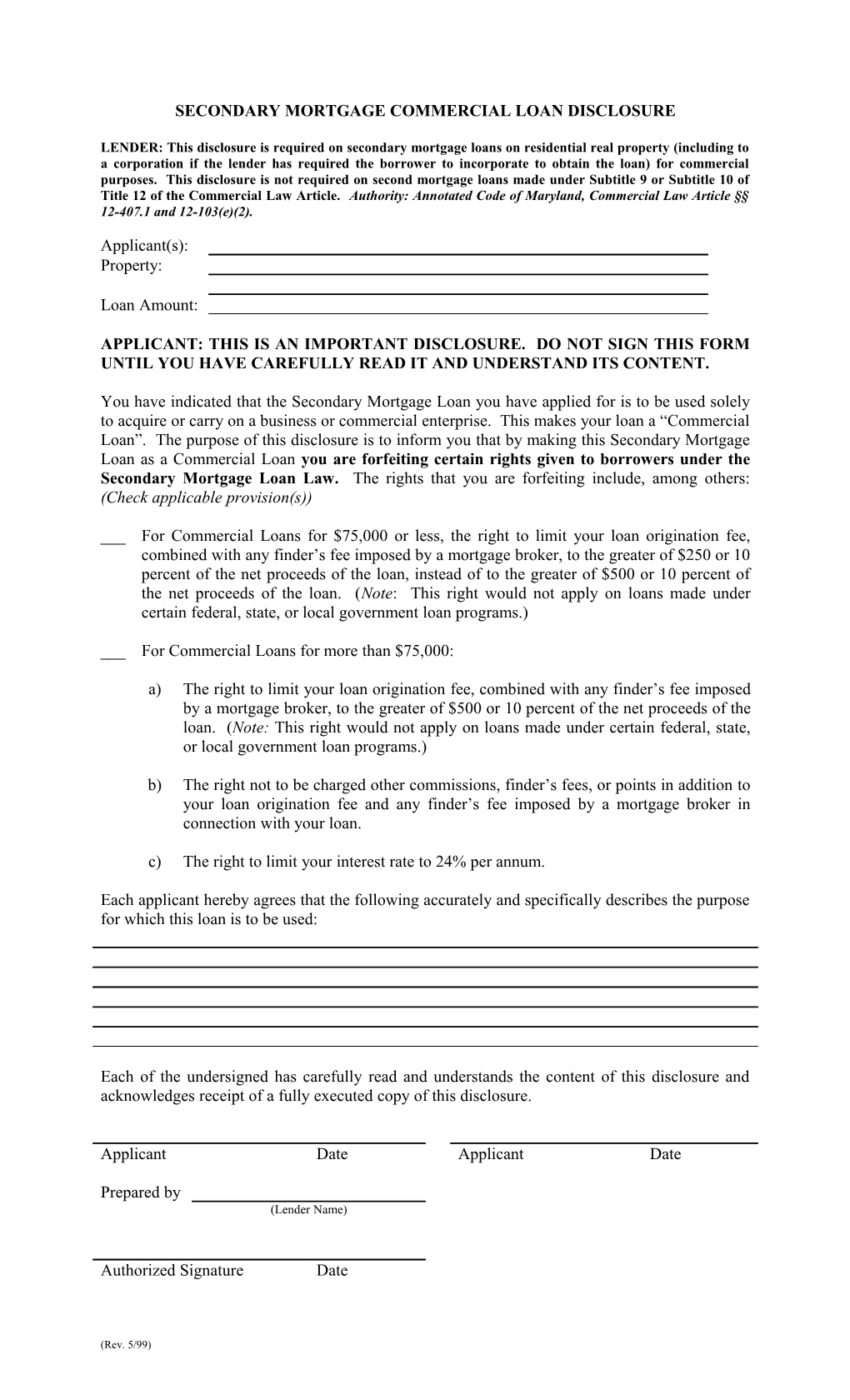 Secondary Mortgage Commercial Loan Disclosure