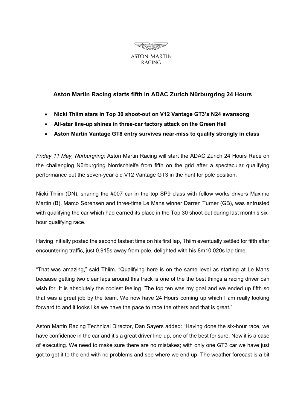Aston Martin Racing Starts Fifth in ADAC Zurich Nürburgring 24 Hours