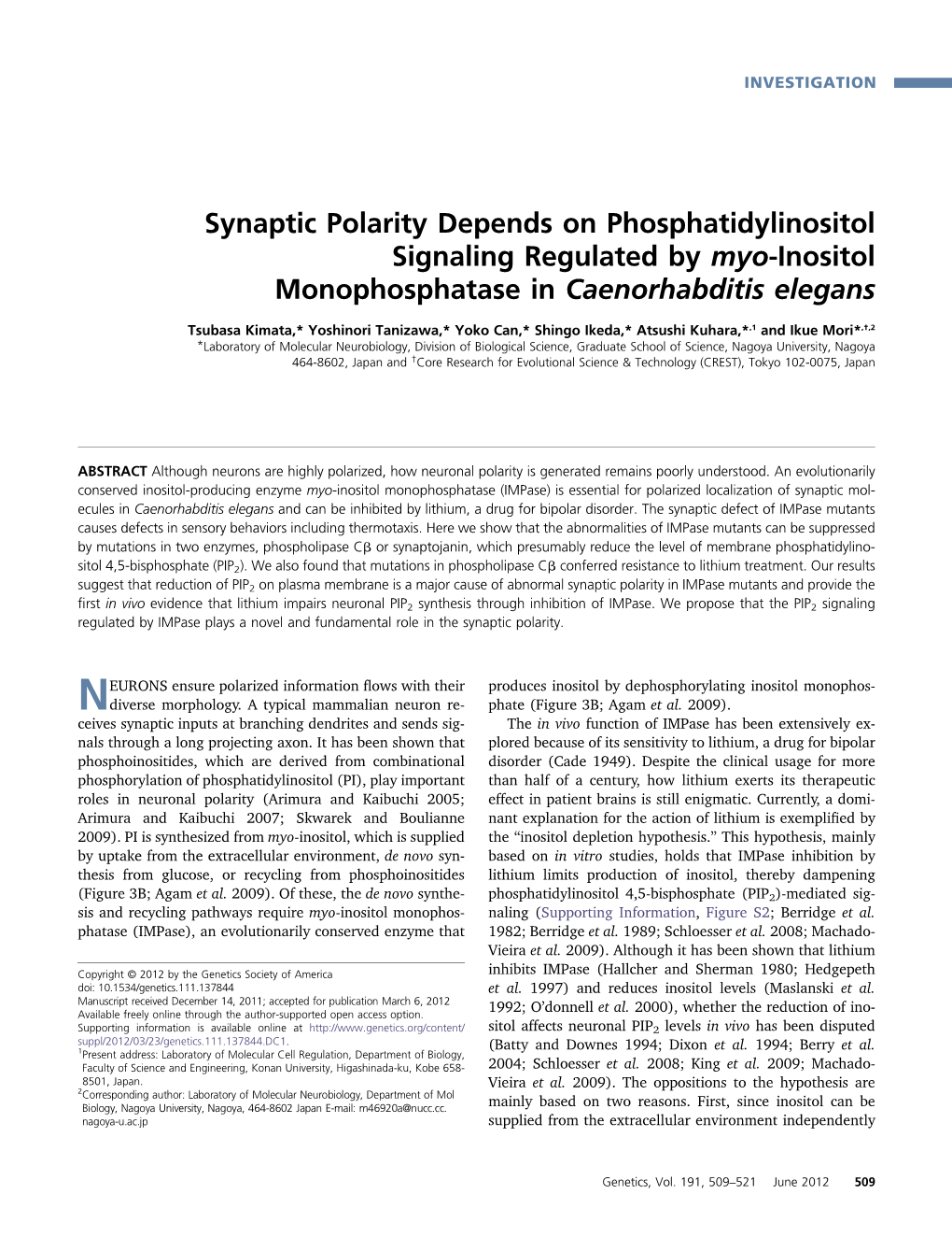 Synaptic Polarity Depends on Phosphatidylinositol Signaling Regulated by Myo-Inositol Monophosphatase in Caenorhabditis Elegans