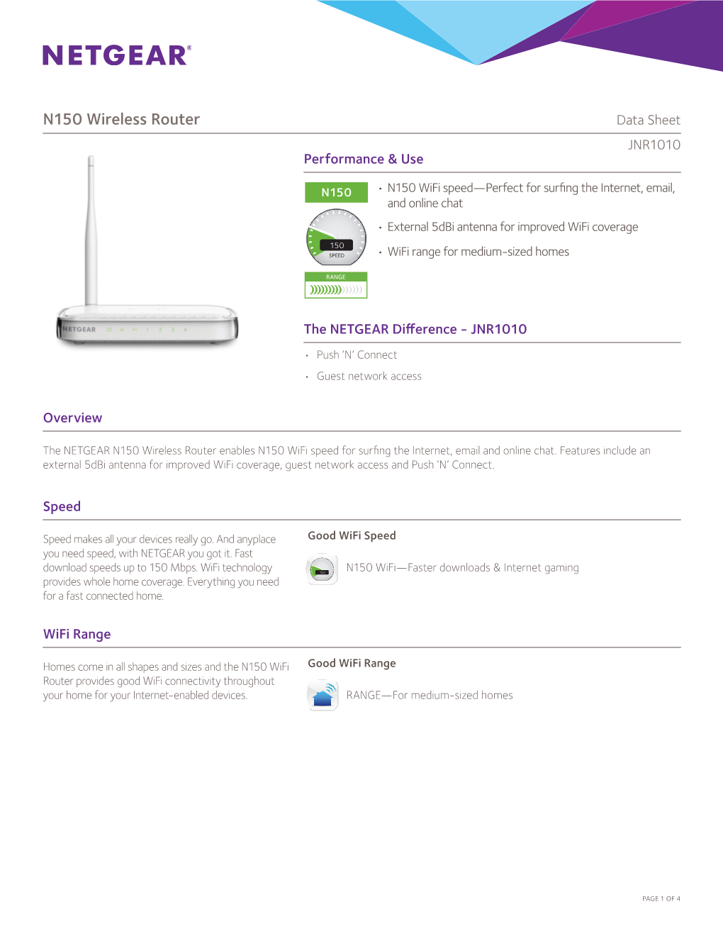 N150 Wireless Router Data Sheet JNR1010 Performance & Use