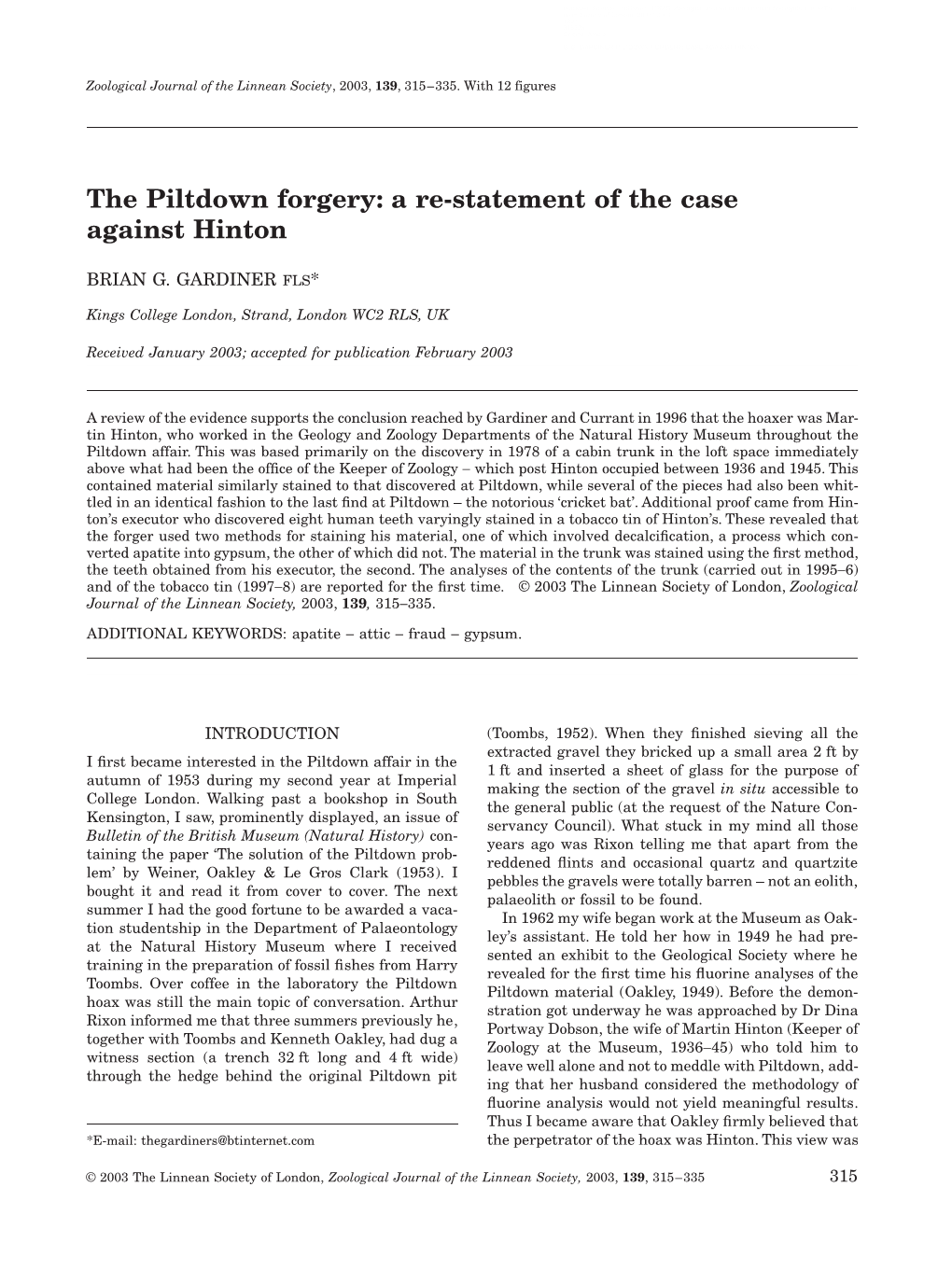 The Piltdown Forgery: a Re-Statement of the Case Against Hinton