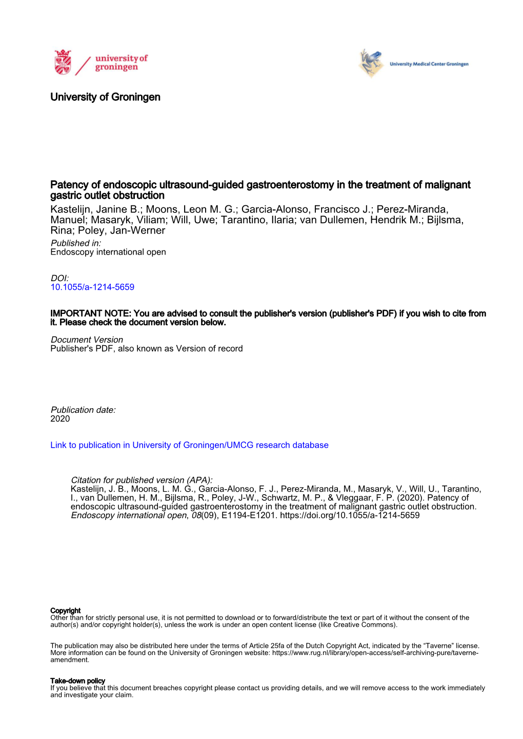 University of Groningen Patency of Endoscopic Ultrasound-Guided