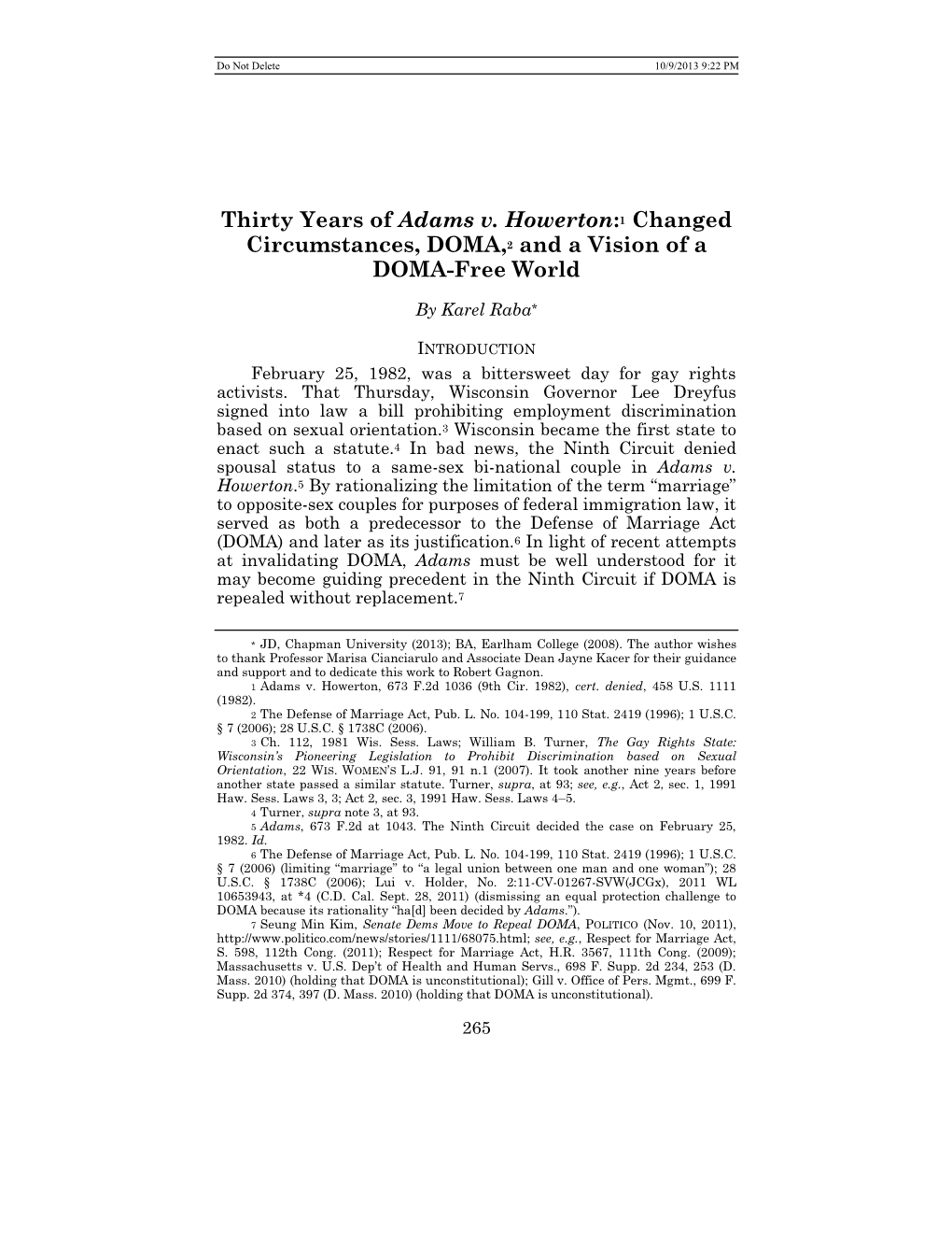 Thirty Years of Adams V. Howerton:1 Changed Circumstances, DOMA,2 and a Vision of a DOMA-Free World
