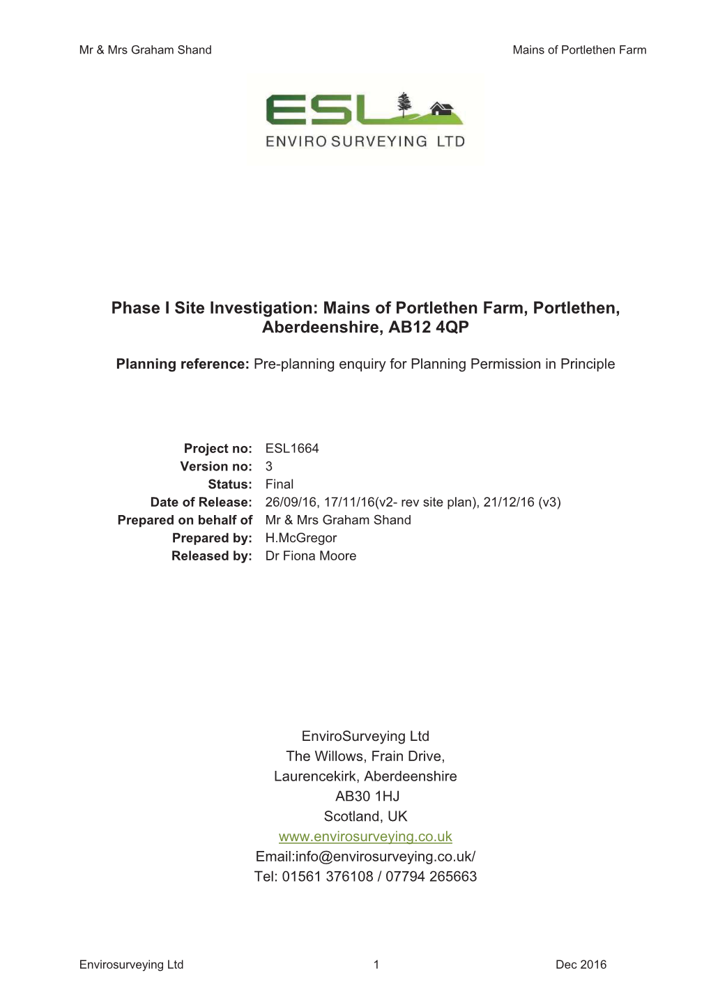 Phase I Site Investigation: Mains of Portlethen Farm, Portlethen, Aberdeenshire, AB12 4QP