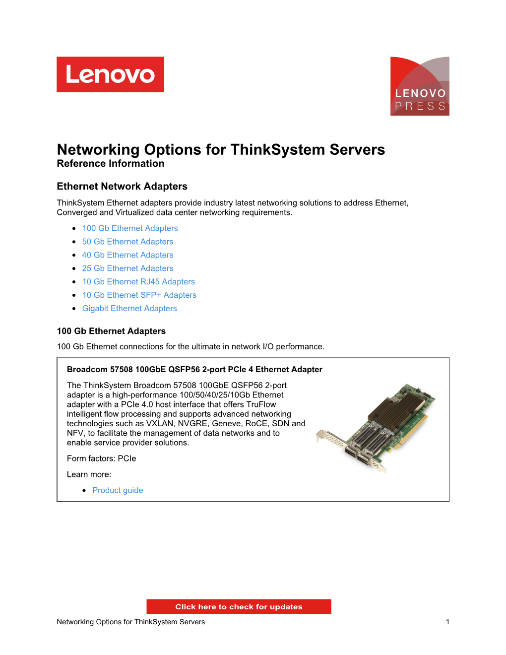 Networking Options for Thinksystem Servers Reference Information