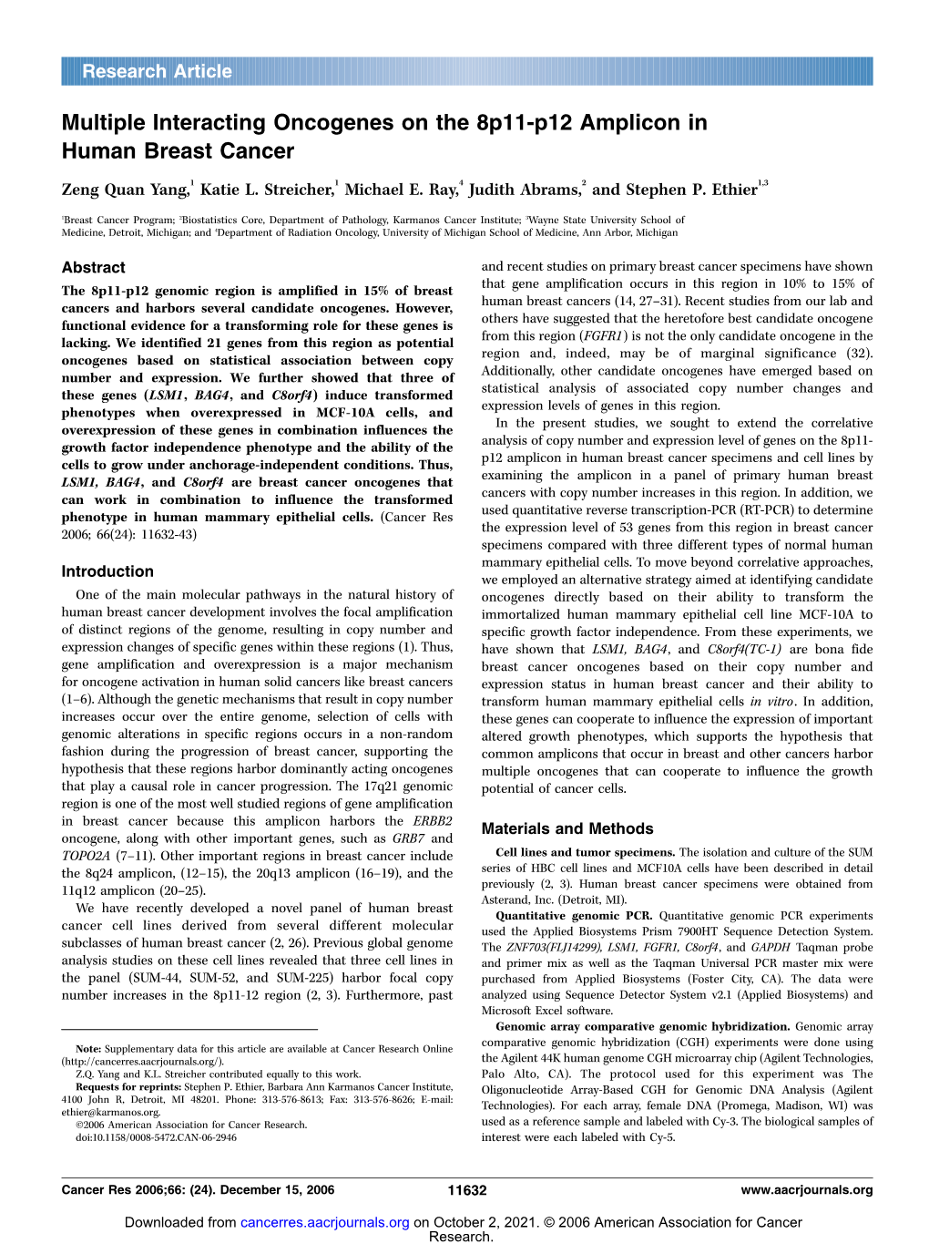 Multiple Interacting Oncogenes on the 8P11-P12 Amplicon in Human Breast Cancer