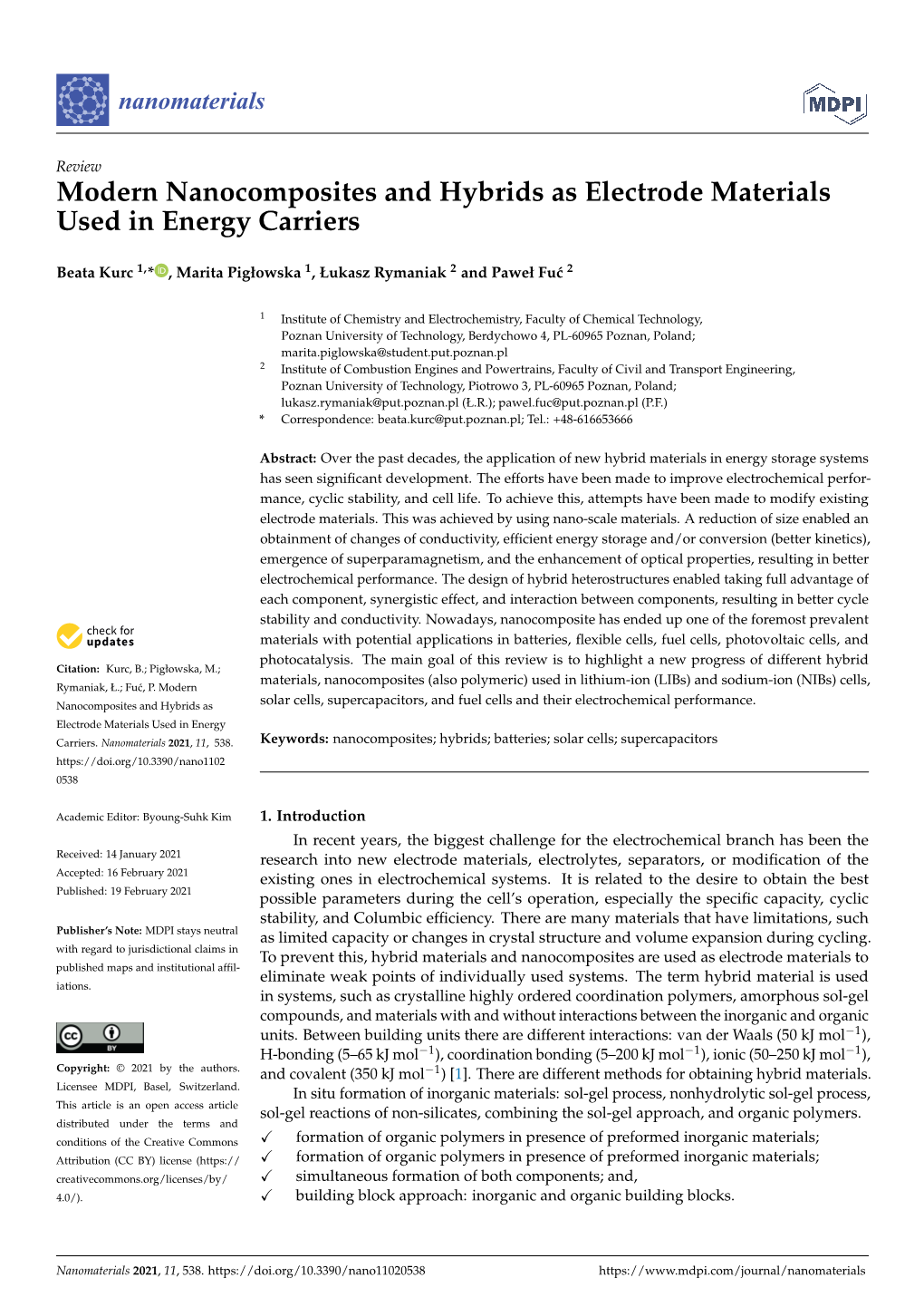 Modern Nanocomposites and Hybrids As Electrode Materials Used in Energy Carriers