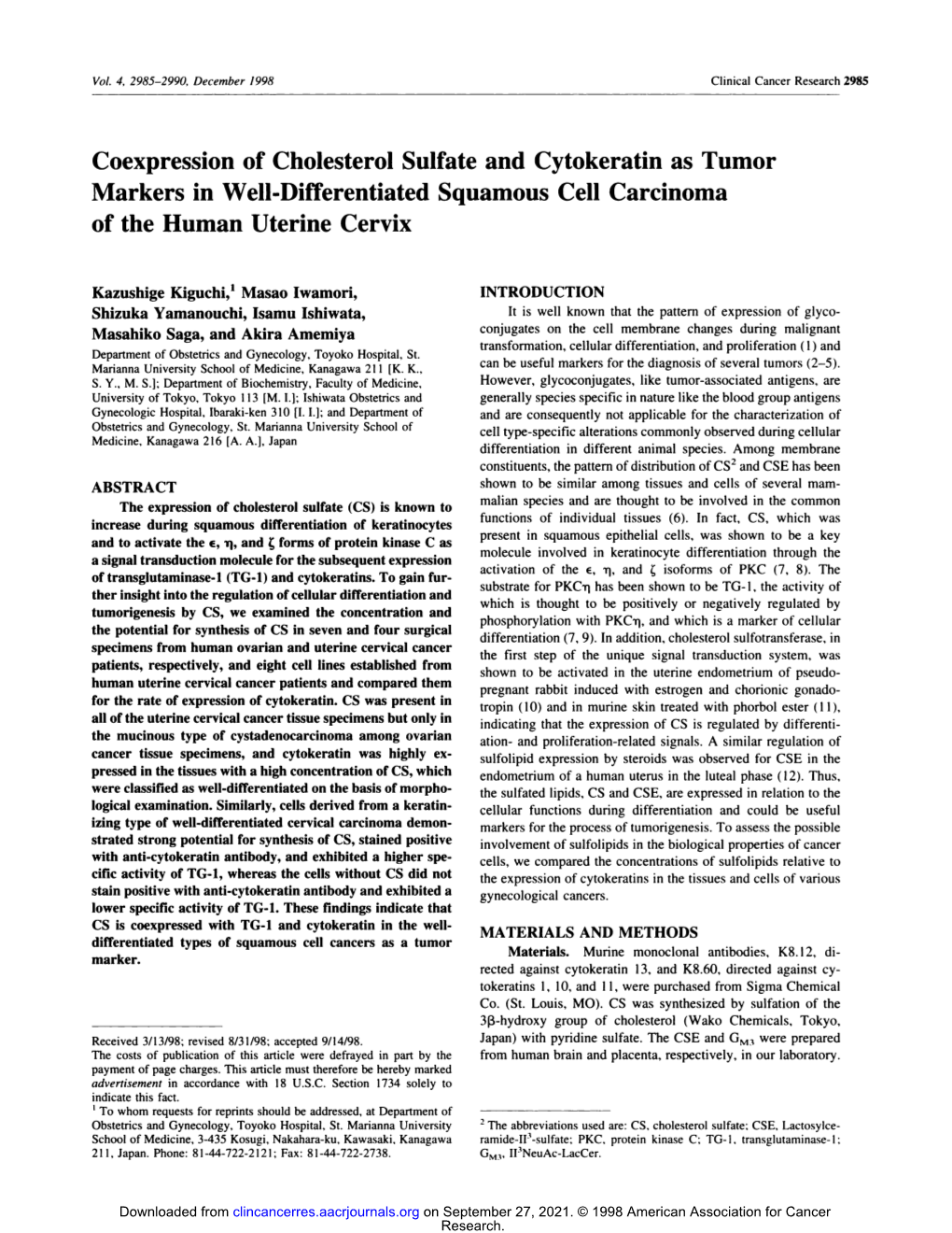 Coexpression of Cholesterol Sulfate and Cytokeratin As Tumor Markers in Well-Differentiated Squamous Cell Carcinoma of the Human Uterine Cervix