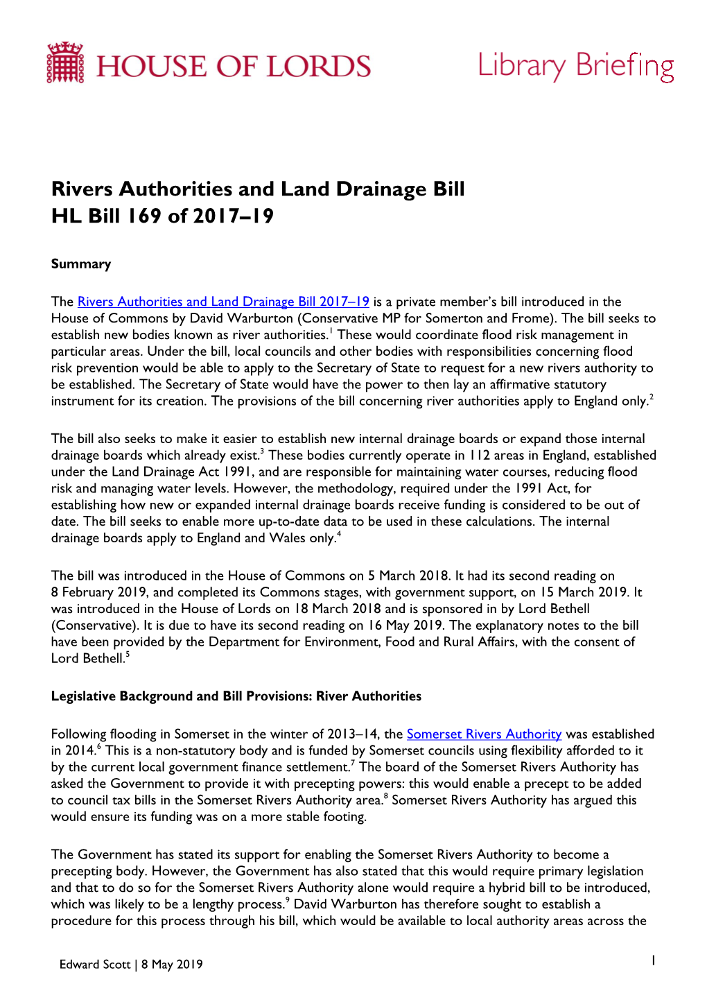 Rivers Authorities and Land Drainage Bill HL Bill 169 of 2017–19