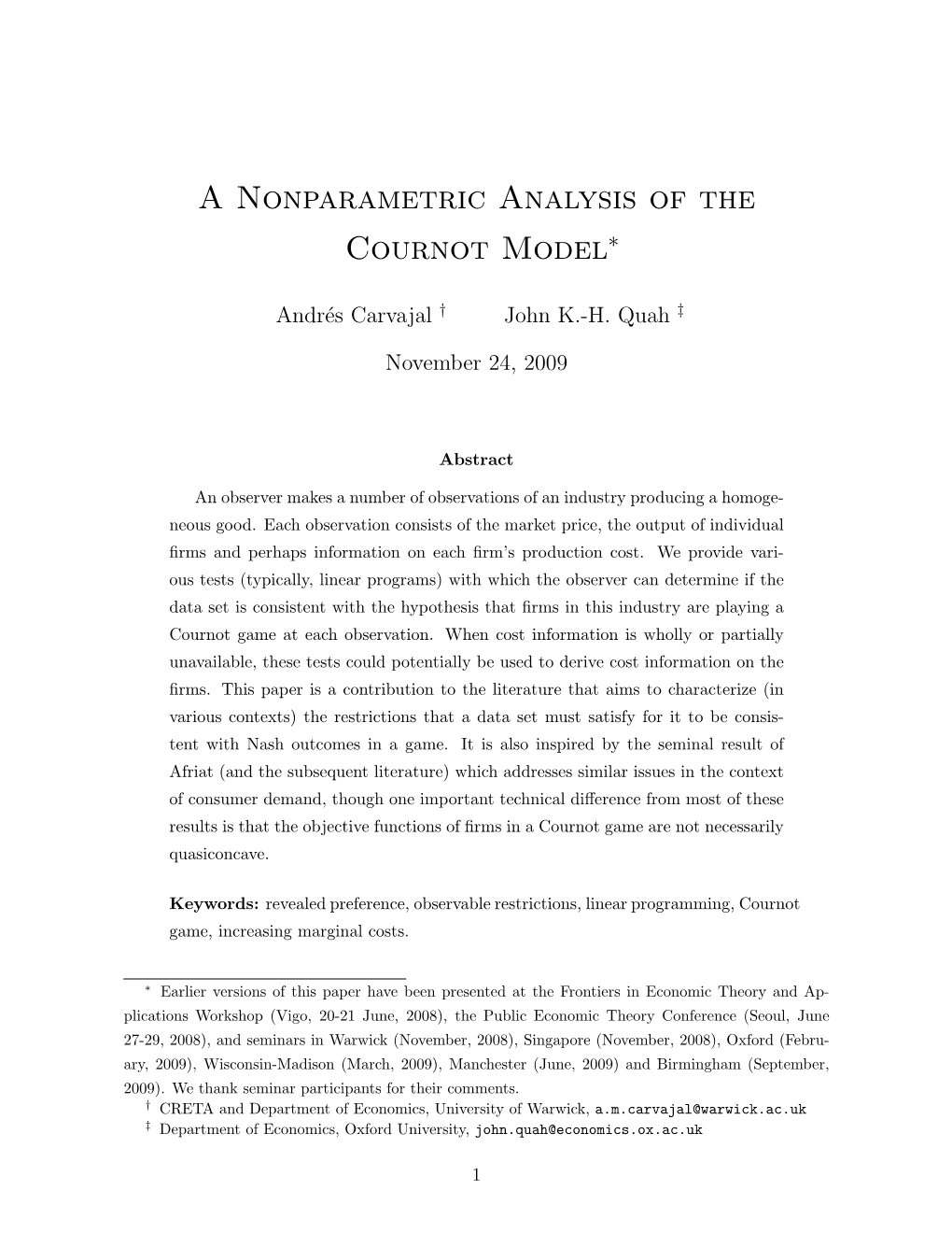 A Nonparametric Analysis of the Cournot Model∗