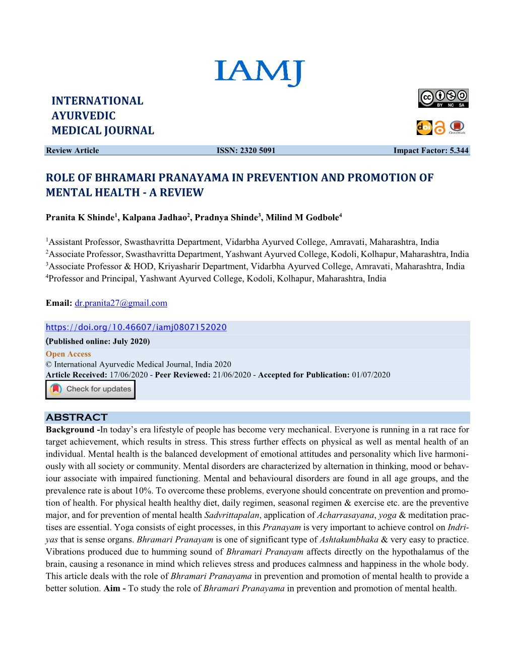 Role of Bhramari Pranayama in Prevention and Promotion of Mental Health - a Review