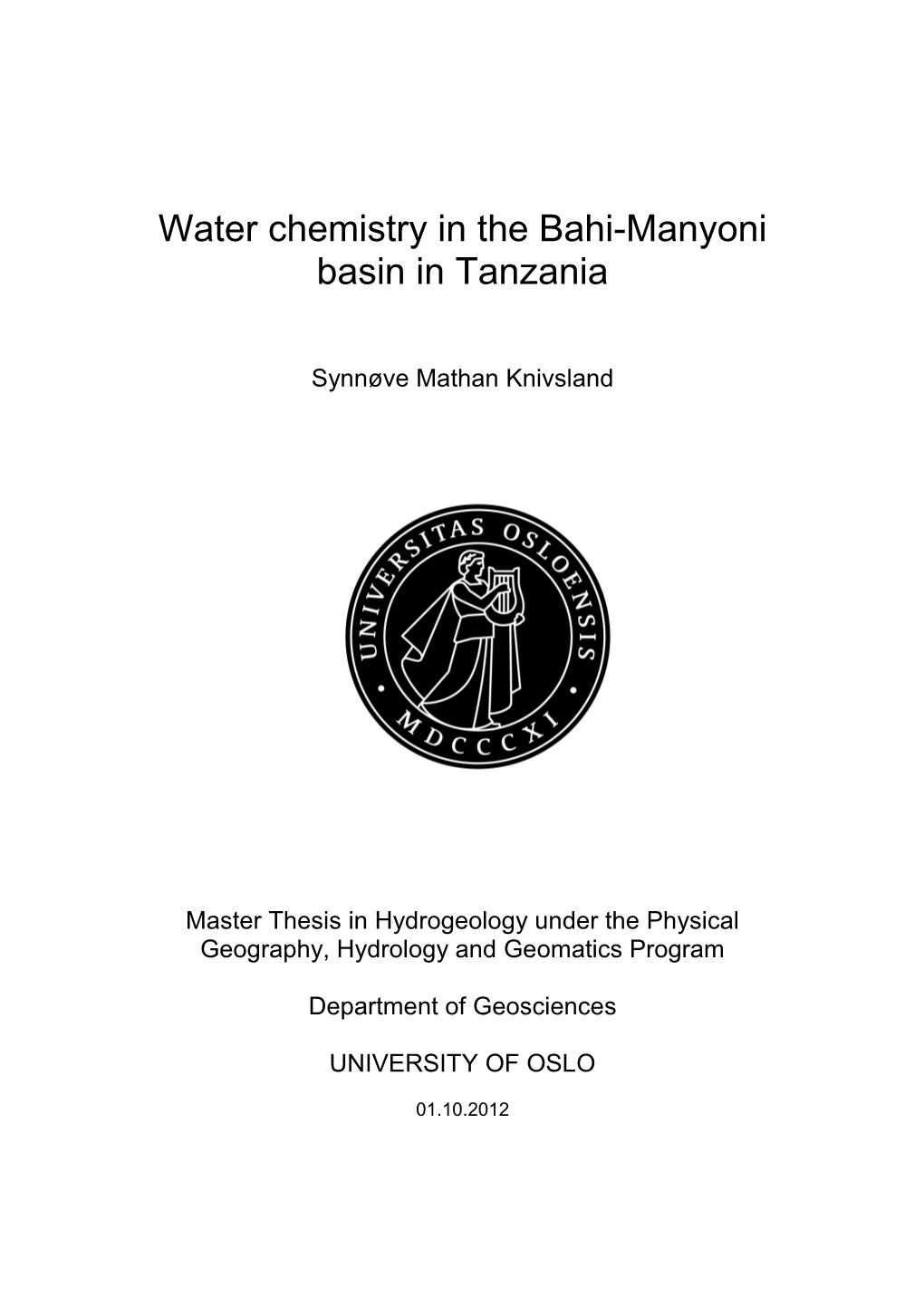 Water Chemistry in the Bahi-Manyoni Basin in Tanzania