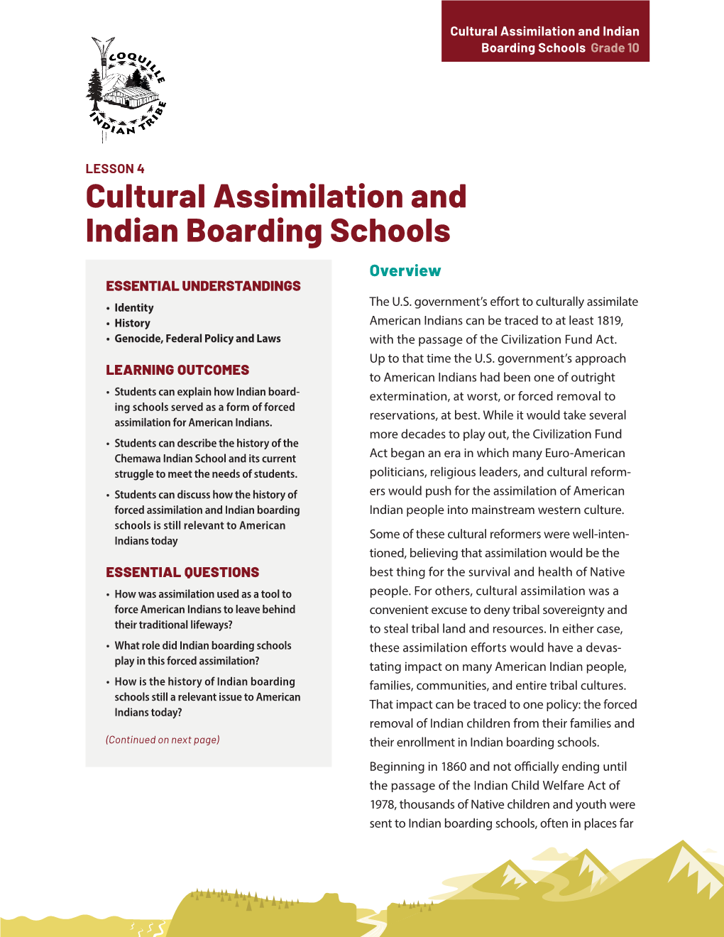 Cultural Assimilation and Indian Boarding Schools Grade 10