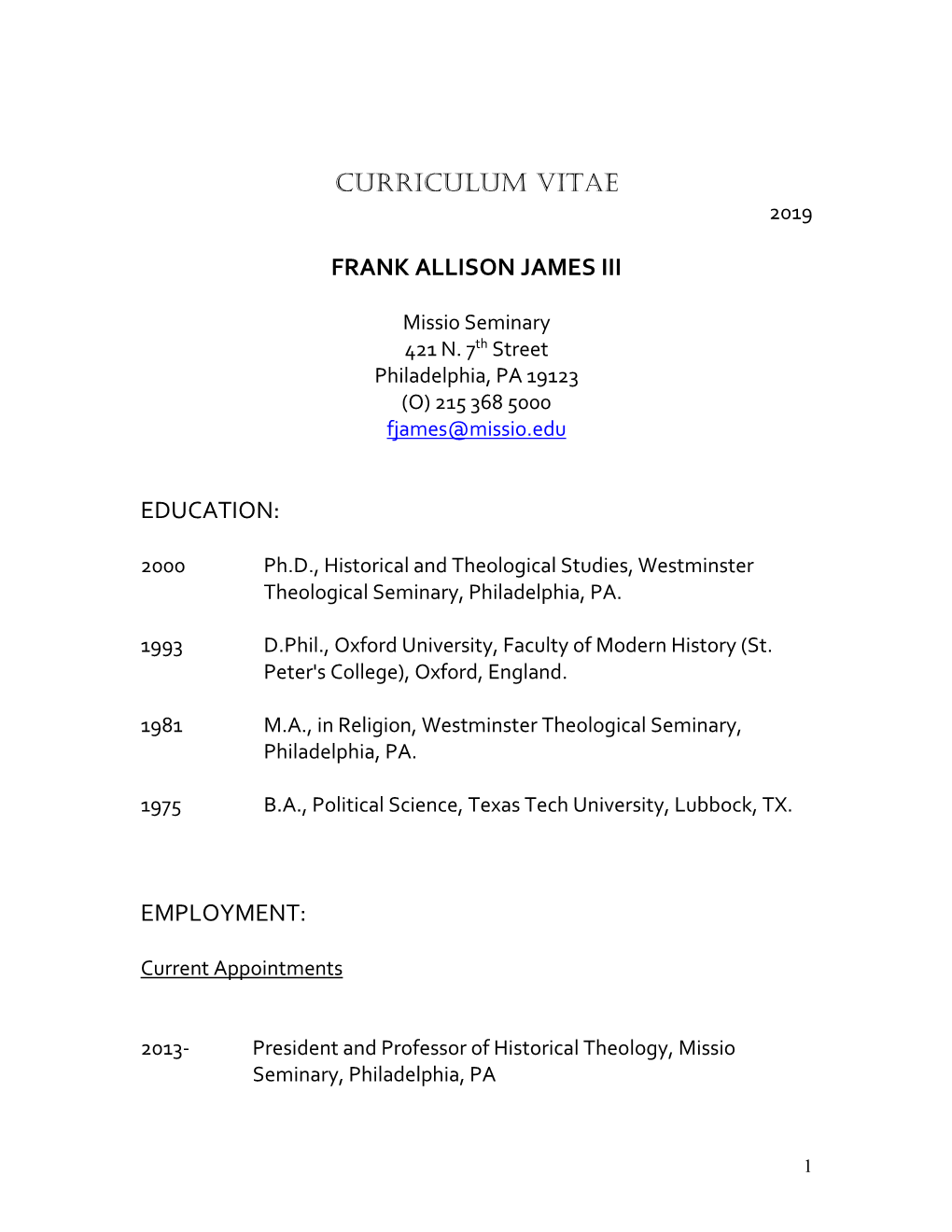 Curriculum Vitae Frank Allison James