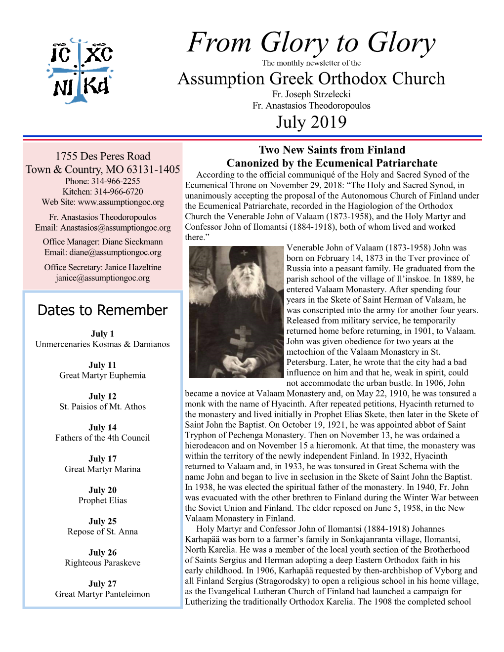 From Glory to Glory the Monthly Newsletter of the Assumption Greek Orthodox Church Fr