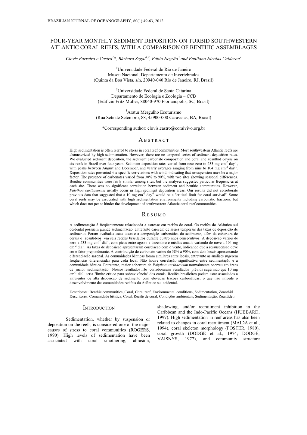 Four-Year Monthly Sediment Deposition on Turbid Southwestern Atlantic Coral Reefs, with a Comparison of Benthic Assemblages