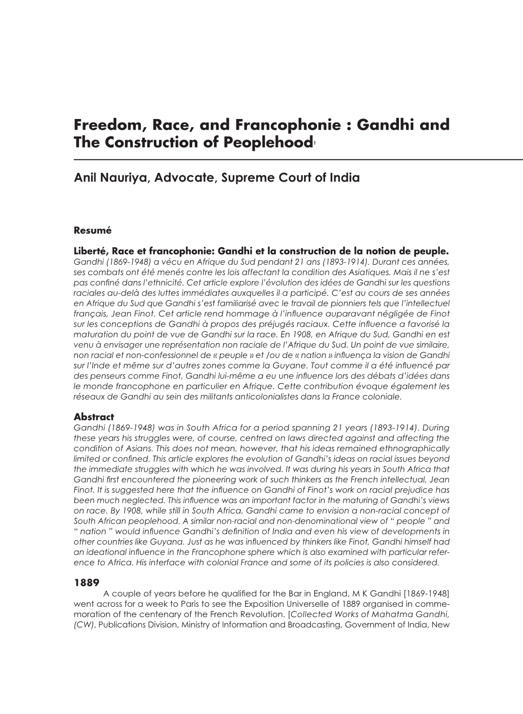 Freedom, Race, and Francophonie : Gandhi and the Construction of Peoplehood1