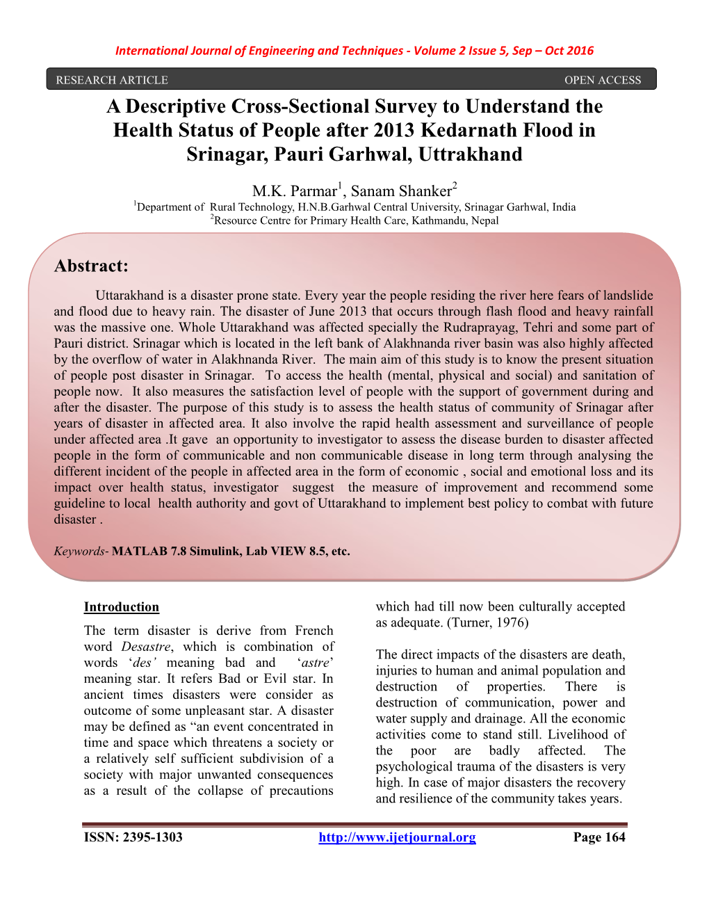 A Descriptive Cross-Sectional Survey to Understand the Health Status of People After 2013 Kedarnath Flood in Srinagar, Pauri Garhwal, Uttrakhand