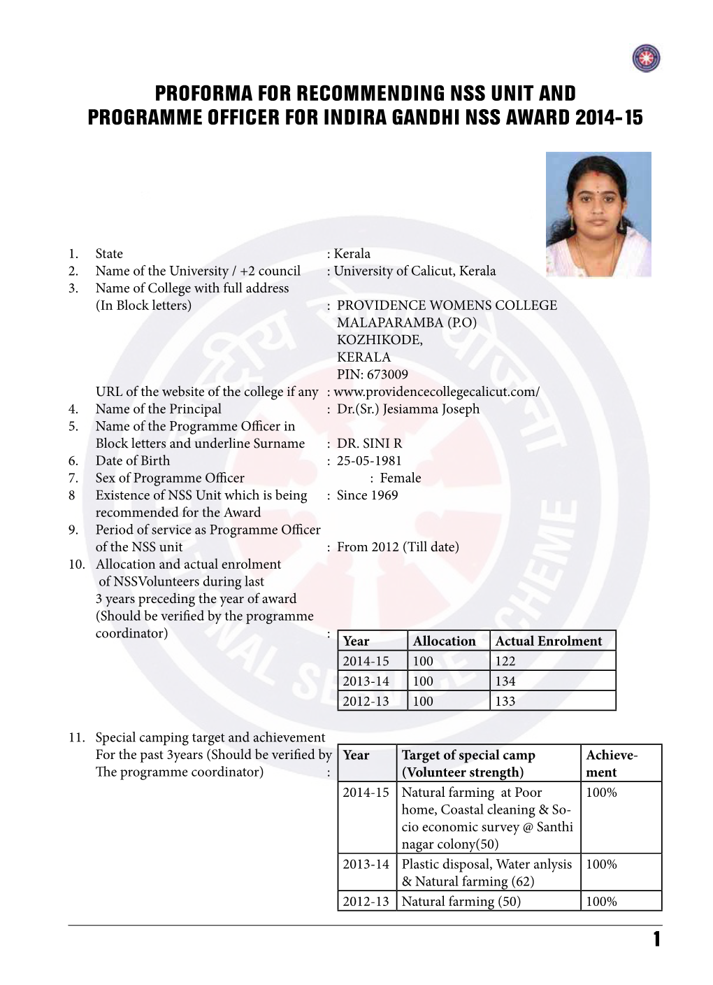 Proforma for Recommending Nss Unit and Programme Officer for Indira Gandhi Nss Award 2014-15