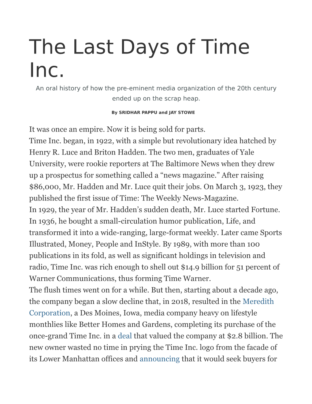 The Last Days of Time Inc. an Oral History of How the Pre-Eminent Media Organization of the 20Th Century Ended up on the Scrap Heap