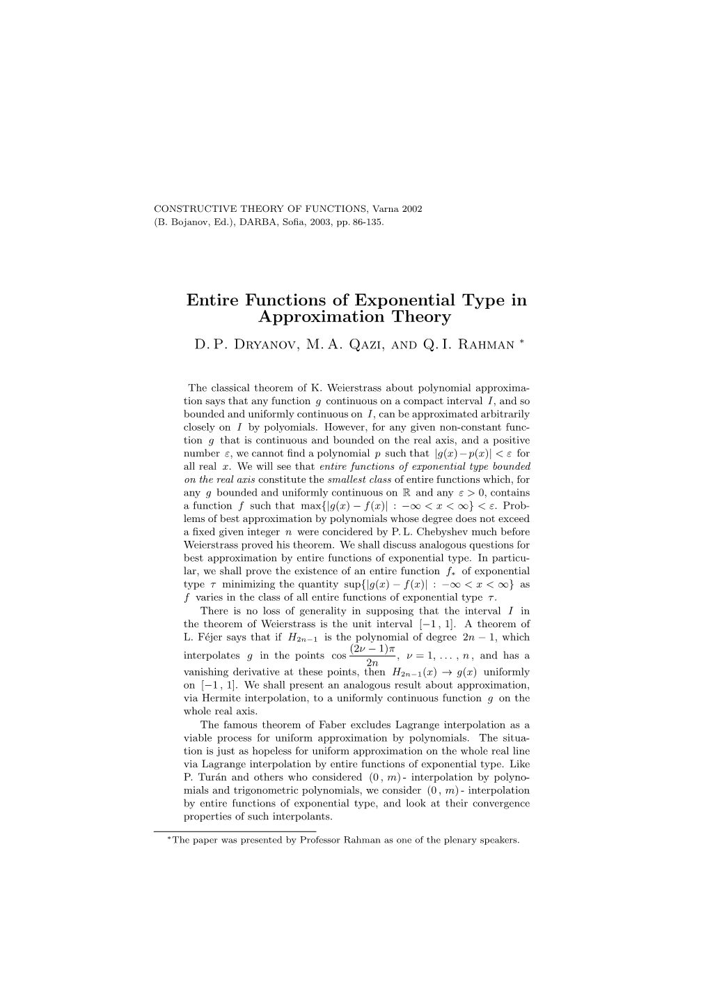 Entire Functions of Exponential Type in Approximation Theory D