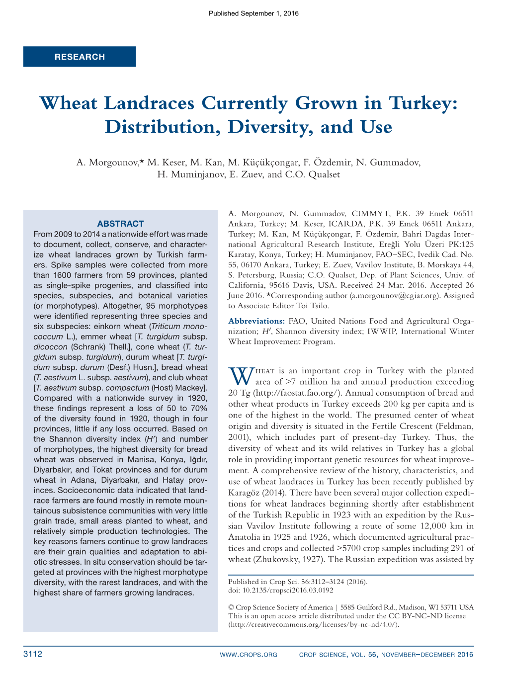 Wheat Landraces Currently Grown in Turkey: Distribution, Diversity, and Use