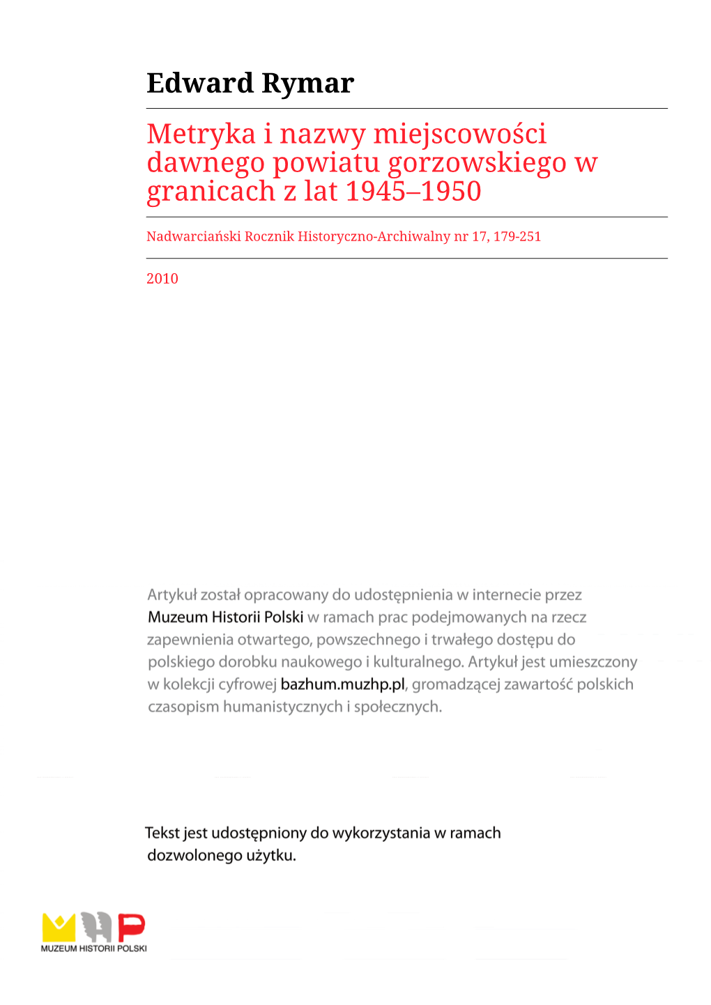 Metryka I Nazwy Miejscowości Dawnego Powiatu Gorzowskiego W Granicach Z Lat 1945–1950