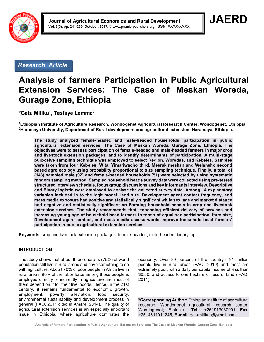 The Case of Meskan Woreda, Gurage Zone, Ethiopia