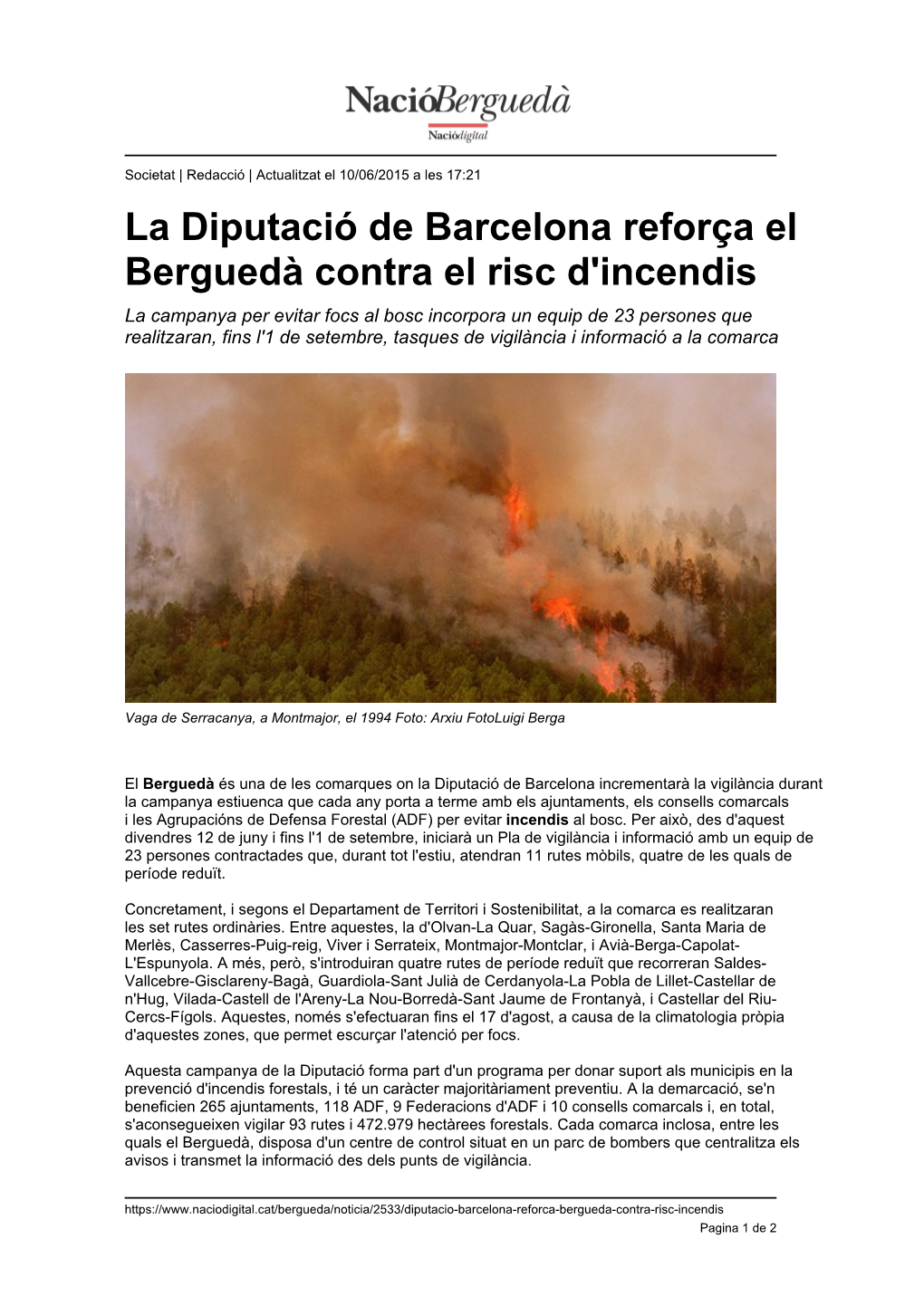 La Diputació De Barcelona Reforça El Berguedà Contra El Risc D'incendis