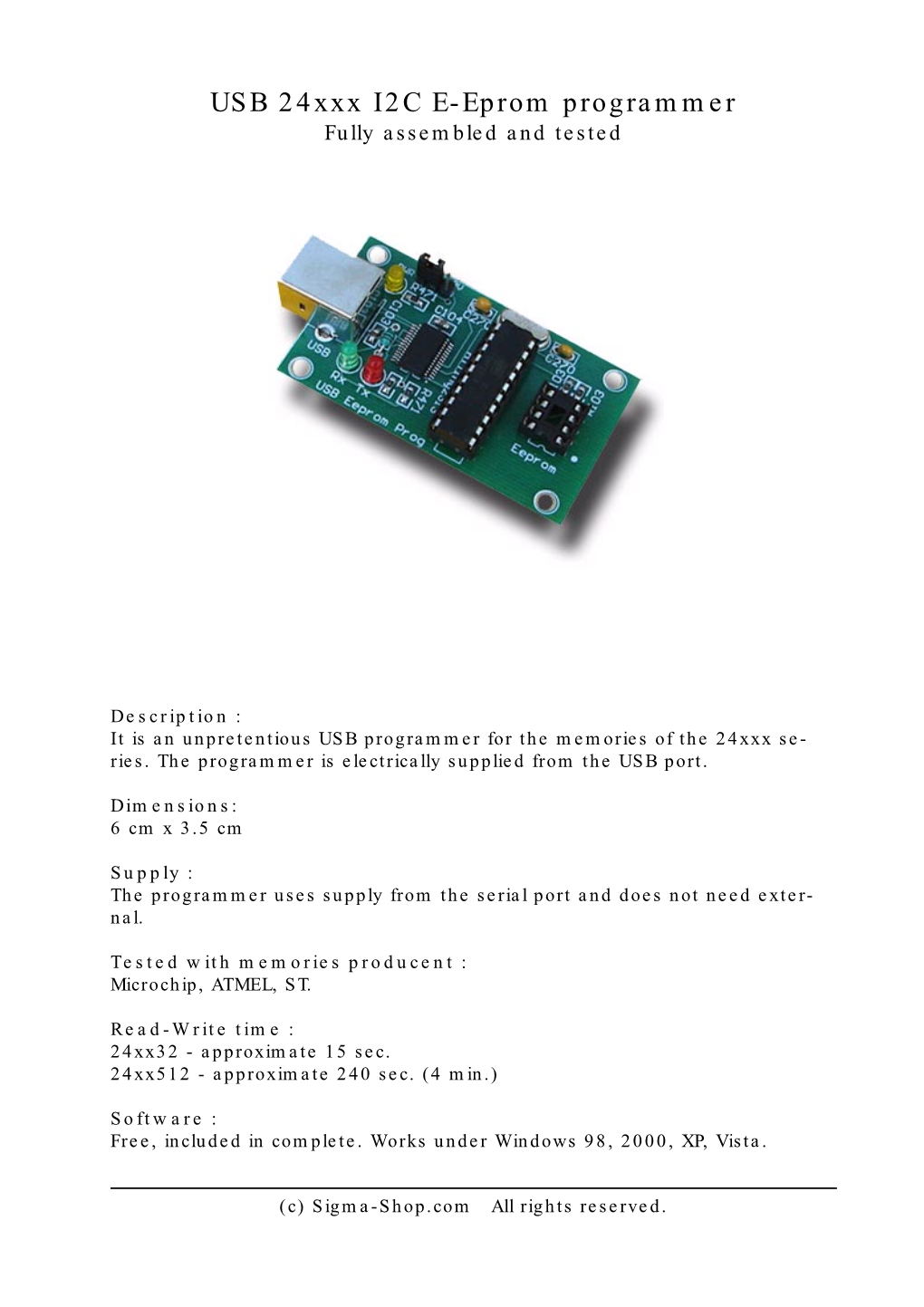 USB 24Xxx I2C E-Eprom Programmer Fully Assembled and Tested
