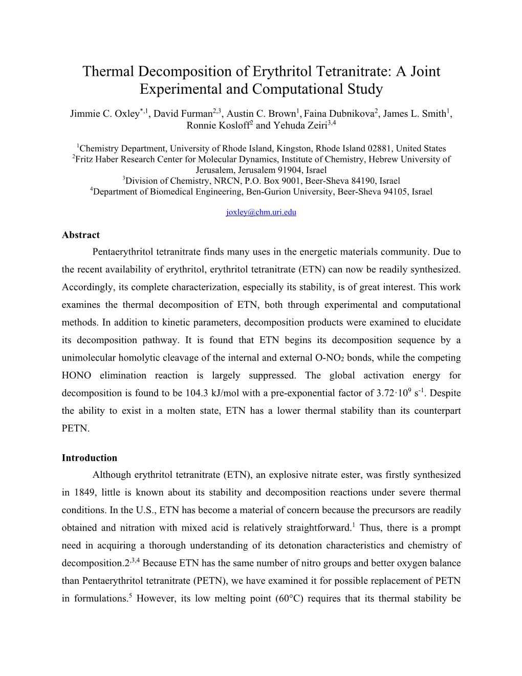 Thermal Decomposition of Erythritol Tetranitrate: a Joint Experimental and Computational Study