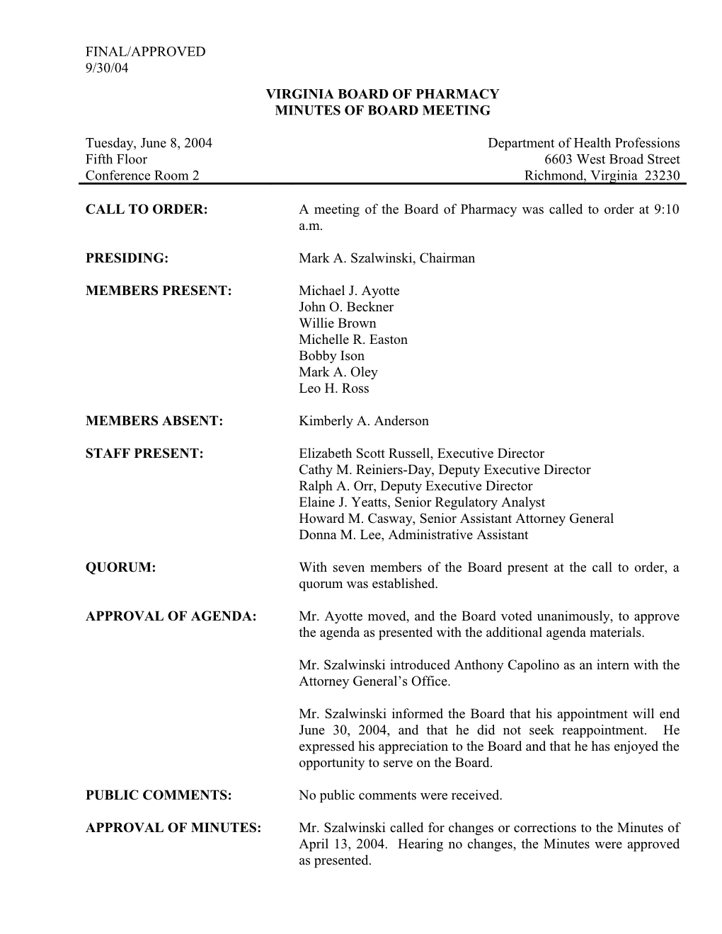 Virginia Board of Pharmacy Minutes 06-08-2004