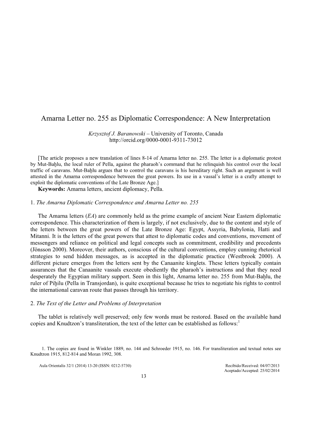 Amarna Letter No. 255 As Diplomatic Correspondence: a New Interpretation