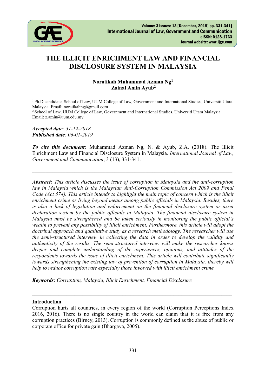 The Illicit Enrichment Law and Financial Disclosure System in Malaysia