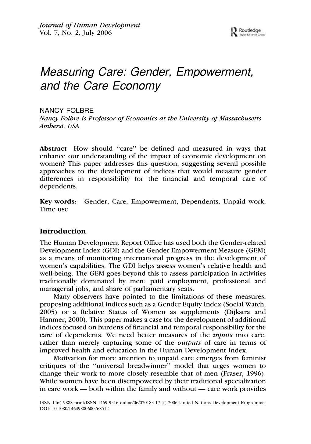 Measuring Care: Gender, Empowerment, and the Care Economy