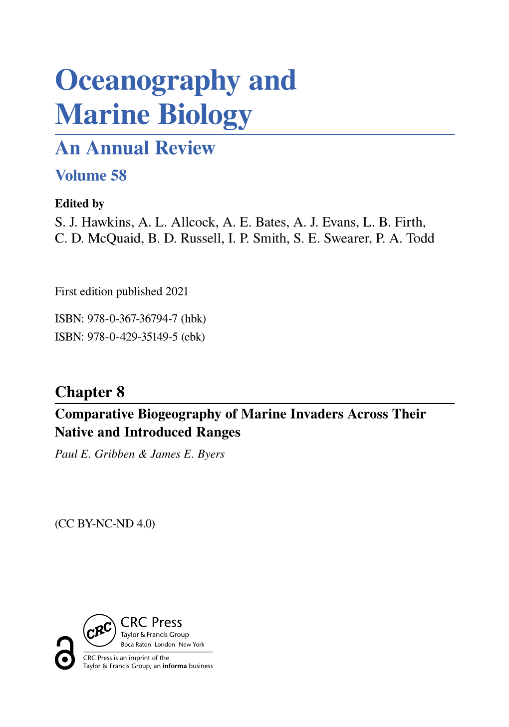 Oceanography and Marine Biology an Annual Review Volume 58